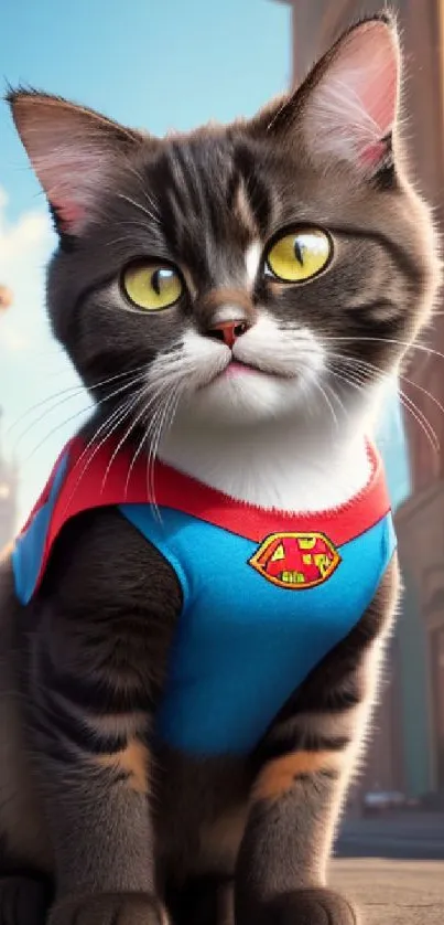 Cute superhero cat in city street with colorful background.