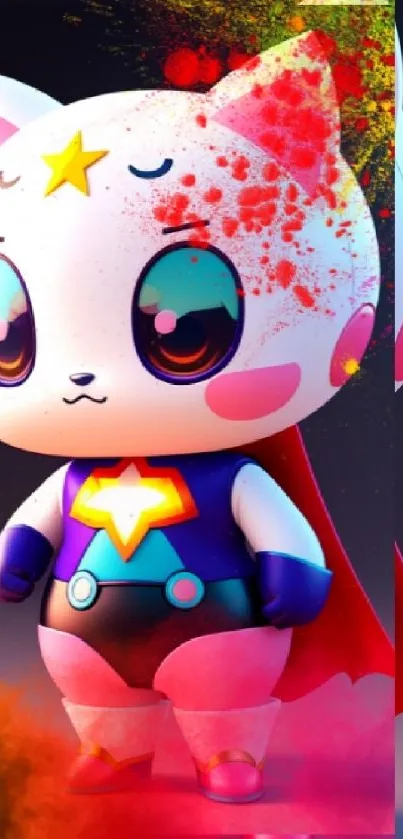 3D superhero cat wallpaper with vibrant colors and cosmic elements.