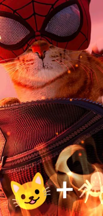 A cat wearing a Spider-Man mask in fiery tones.