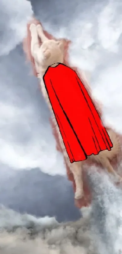 A cat soaring in clouds with a red cape on a phone wallpaper.