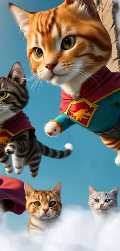 Superhero cats soaring through the sky in colorful costumes.