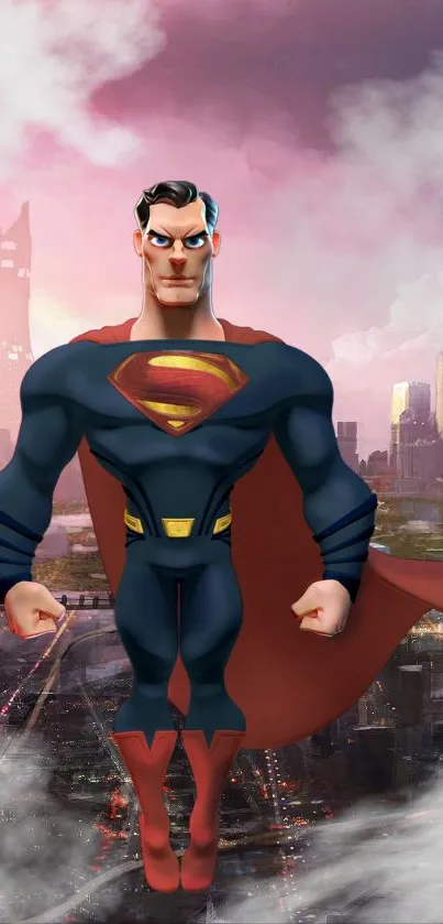 Superhero with cape in a city skyline setting, vibrant colors.