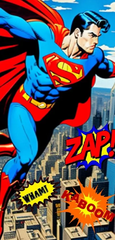Superhero flies above city with comic action words.
