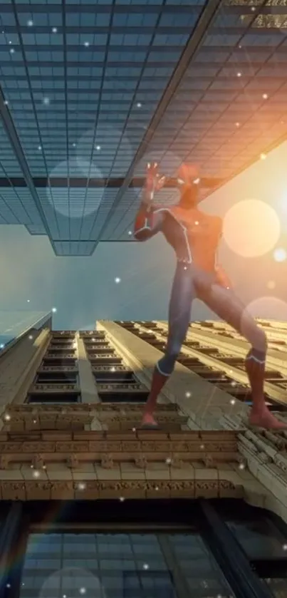 Superhero leaping across skyscraper cityscape with vibrant sunset effects.