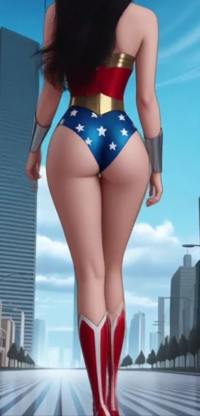 Superhero in cityscape with blue sky.