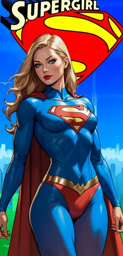 Supergirl stands confidently in a cityscape, dressed in a vibrant superhero costume.