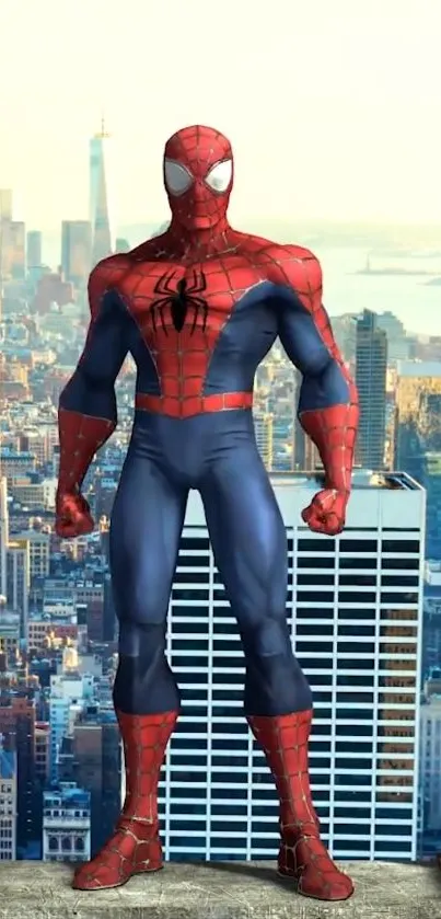 Superhero in red and blue overlooking city skyline.