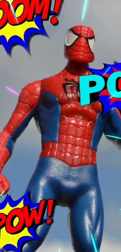 Superhero action pose with comic-style bursts on a vibrant background.