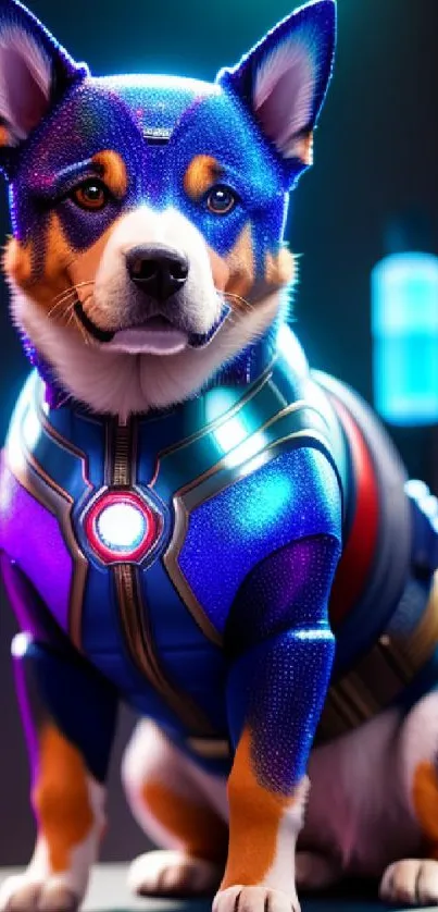 Adorable corgi in superhero armor with glowing blue accents.