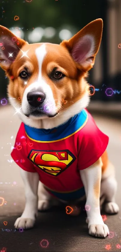 Corgi dressed as a superhero, sitting adorably on a path.