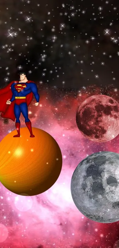 Superhero on planets in a cosmic scene with stars and moons.