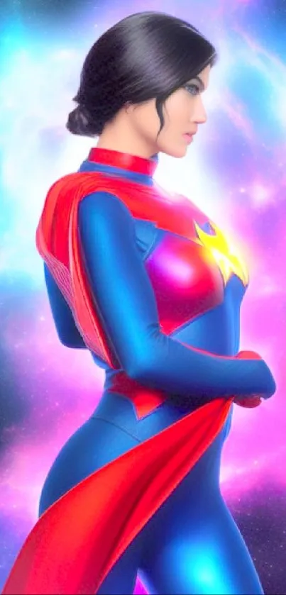 Vibrant superhero in space-themed mobile wallpaper with blue and red colors.