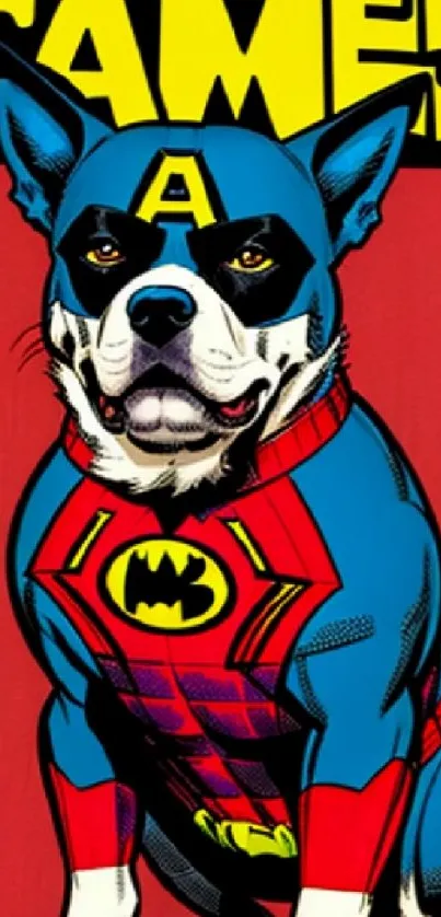 Cartoon dog in superhero attire on a red comic-styled background.