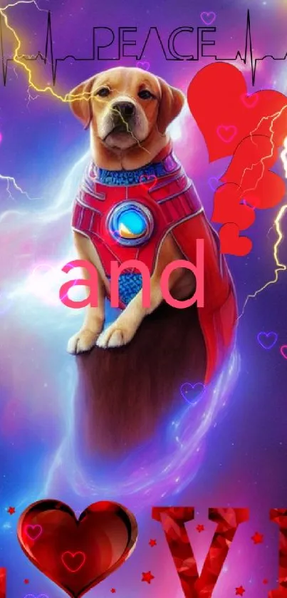 A superhero dog in a cosmic setting with peace and love elements.