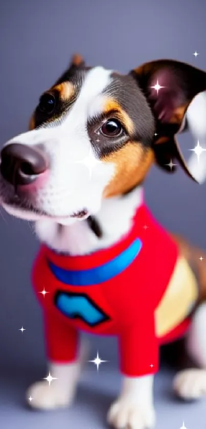 Cute dog in a superhero costume against a gray background.