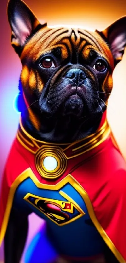 French bulldog superhero in red cape, comic-style wallpaper.