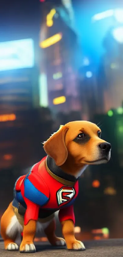 Superhero dog in cityscape with colorful lights.