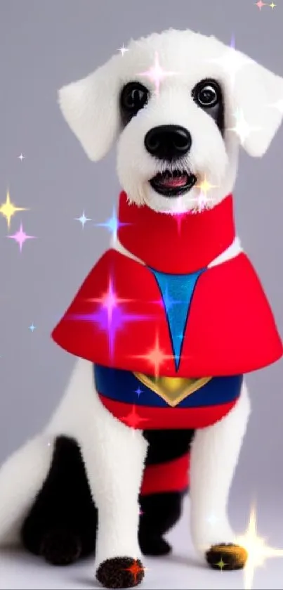 Adorable plush dog in a superhero costume on a colorful phone wallpaper.