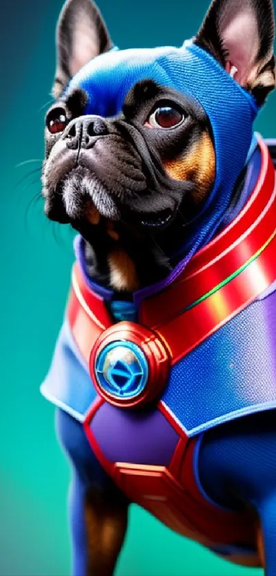 French Bulldog in superhero costume with vibrant blue and red colors.