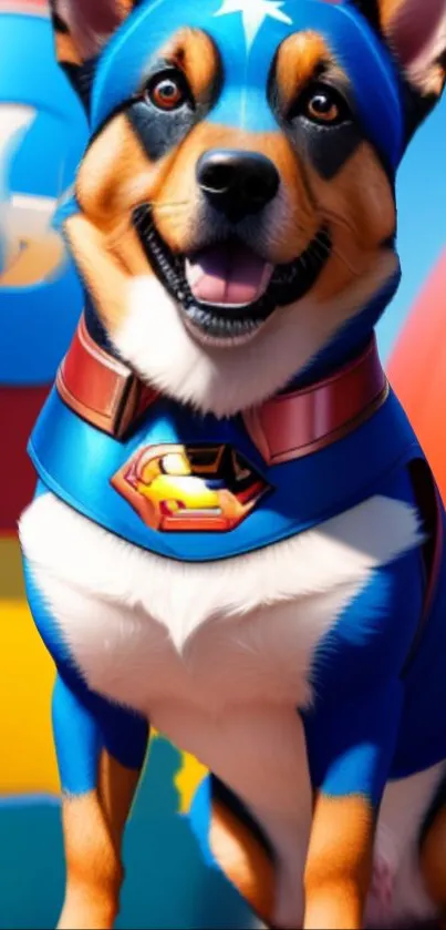 Superhero dog in blue costume with vibrant colors.