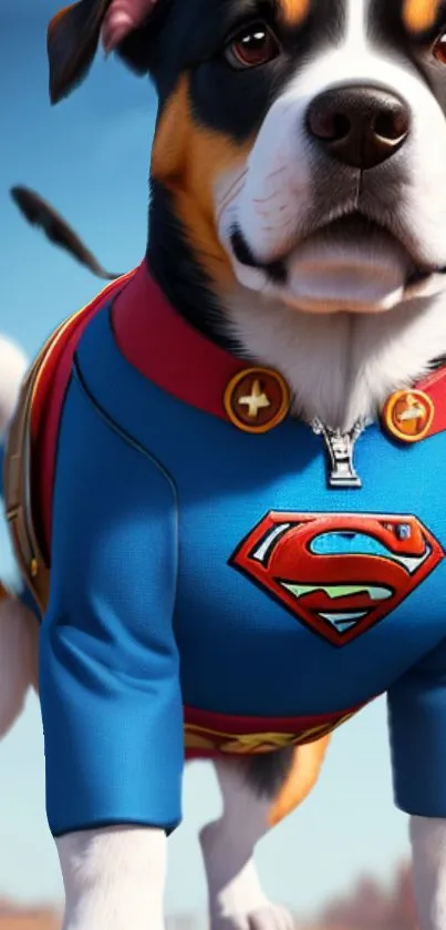 Adorable dog in superhero costume under a clear blue sky.