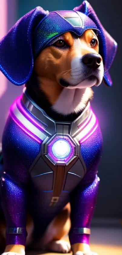 Superhero dog in purple futuristic suit.