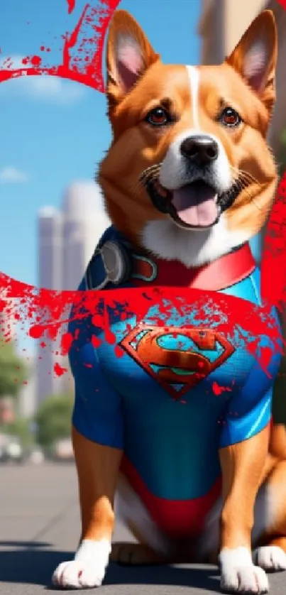 Cute corgi superhero with heart design in city background.