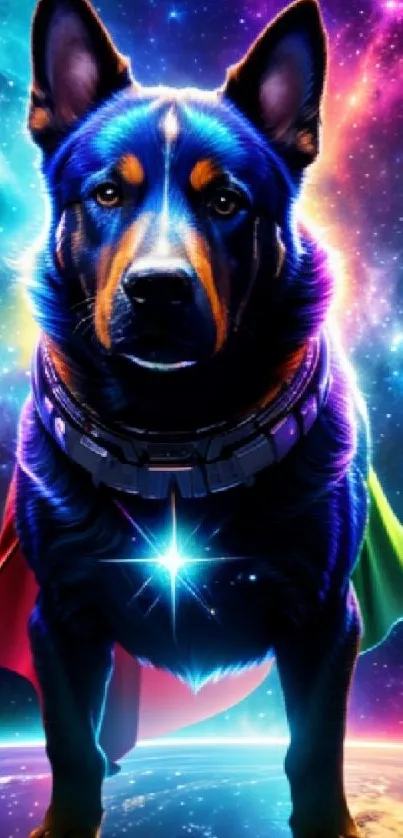 A magical dog in a superhero cape set against a cosmic sky.