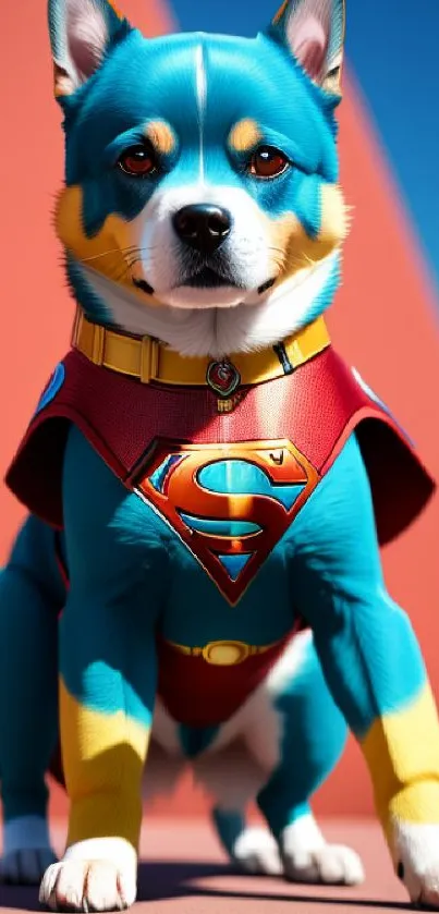 Superhero-themed dog in colorful costume on mobile wallpaper.