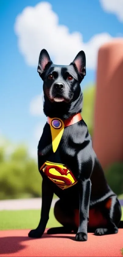 Superhero dog sitting under a bright blue sky in an animated scene.