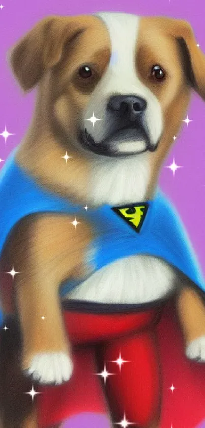 Cartoon superhero dog with cape on lavender background.