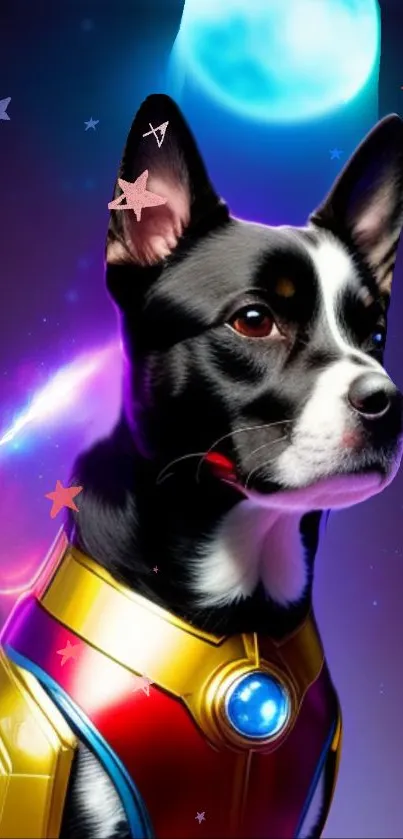 Superhero dog in a colorful costume under the moonlight.