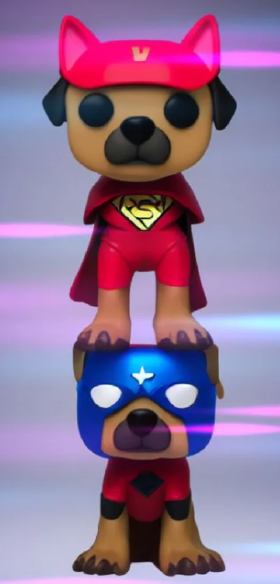 Vinyl dog figures dressed as superheroes in red costumes.