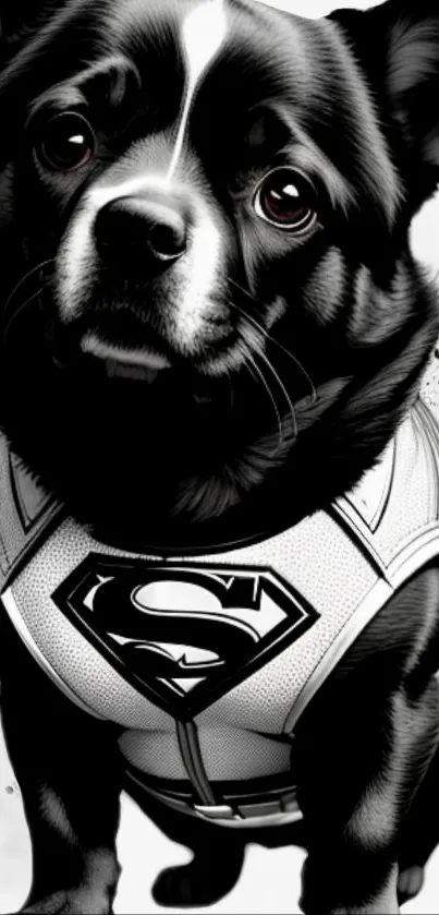 Black and white superhero dog in stylish design.