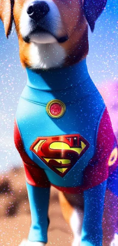 A cute dog in a superhero costume with a blue and red design on a vibrant background.