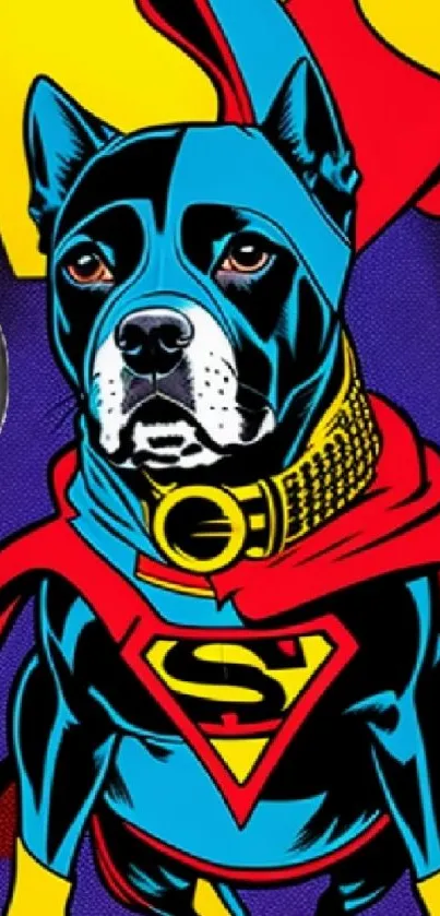 Cartoon superhero dog in bright costume on colorful background.