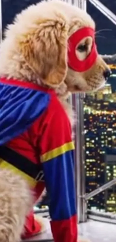 Dog in superhero costume overlooking cityscape.