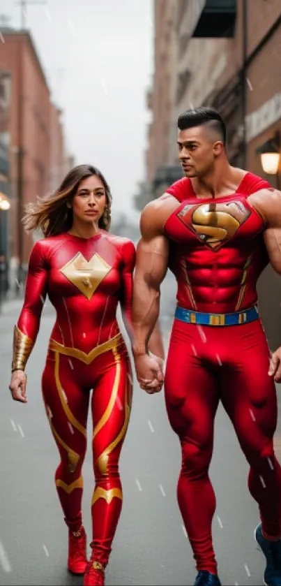 Two superheroes in red outfits walking in an alley.