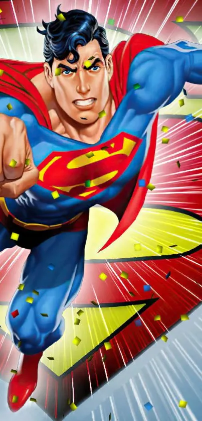 Superhero character soaring in vibrant comic-style colors.