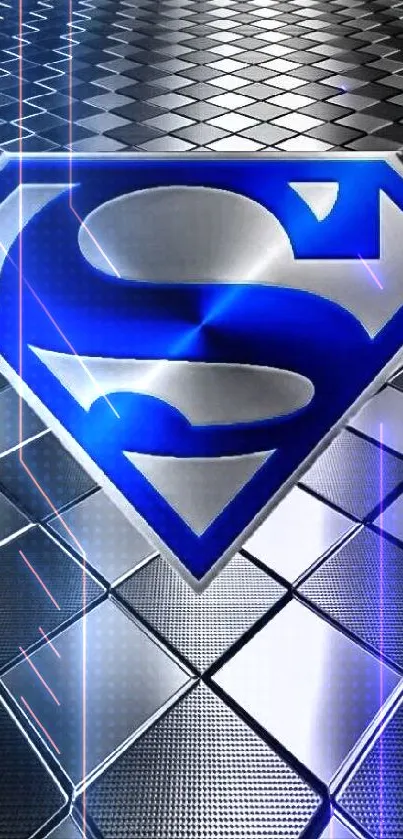 Metallic blue superhero emblem on chrome background wallpaper.