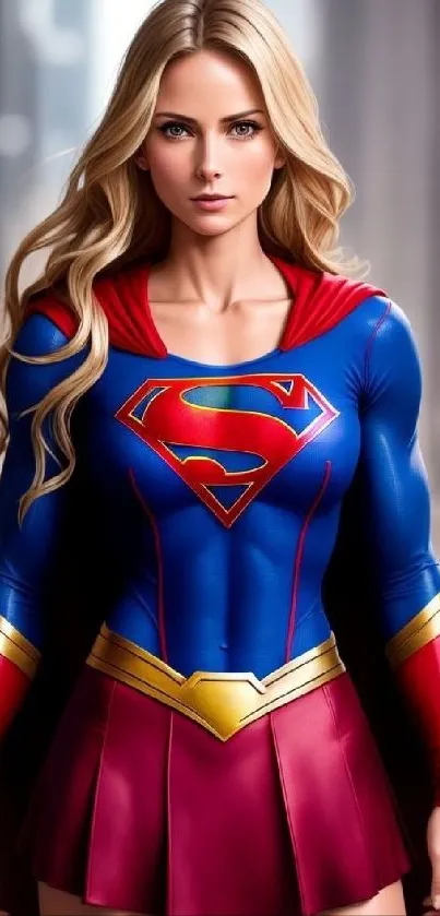 Superhero female character in blue and red costume standing confidently.