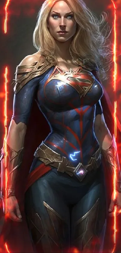 Epic female superhero with red cape and striking armor in dramatic lighting.