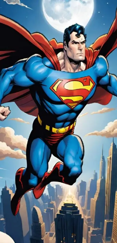 Superhero flying over a city at night.