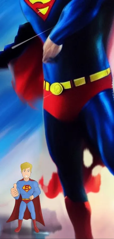 Cartoon superhero in blue suit with red cape flying against a blurred background.