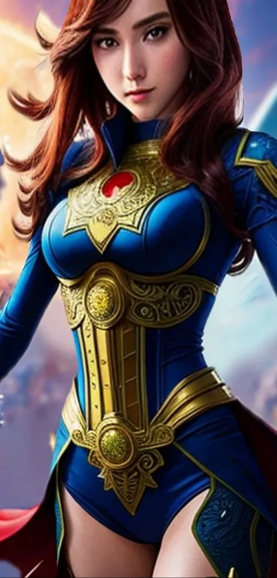 Superhero girl in vibrant blue and gold suit with dynamic background