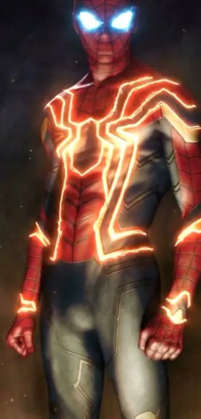 Superhero in glowing red and black suit with blue illuminated eyes.