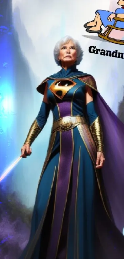 Superhero Grandma in a fantasy setting with vibrant colors and a sword.