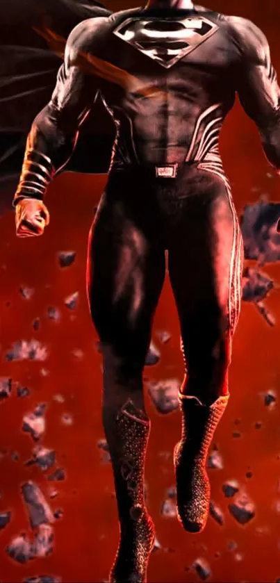 Superhero in black suit with red background