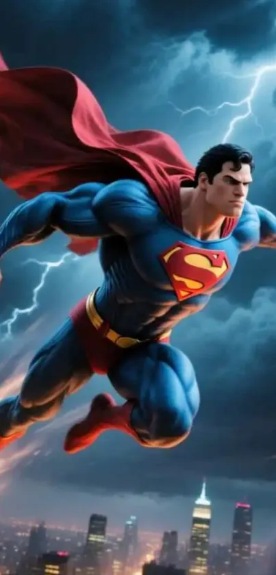 Superhero flying over city with lightning.