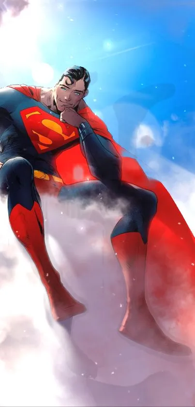 Superhero flying among clouds with a blue sky backdrop.